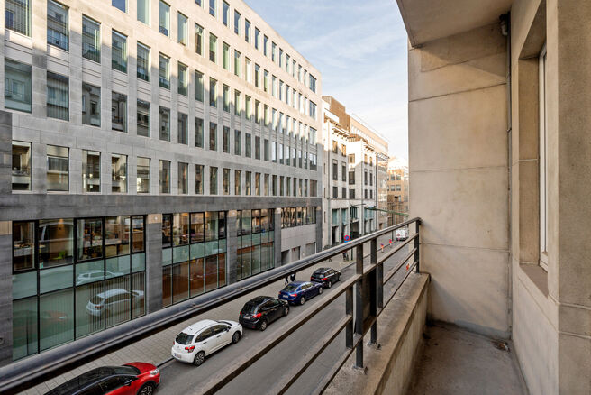 Dit stijlvolle appartement met &eacute;&eacute;n slaapkamer, 2 terrassen en 2 ruime zolderbergingen bevindt zich op de 2de verdieping van een uitstekend gelegen gebouw in de Europese wijk, tussen Schumann en het Warandepark.

Het appartement is als volgt ingedeeld: B