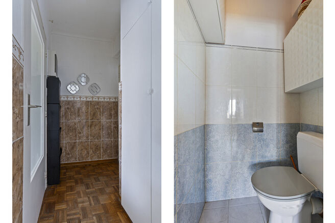 Dit lichtrijke appartement met twee slaapkamers en een terras van 16 m² bevindt zich op de vierde verdieping en biedt een mooi, groen uitzicht. Gelegen in een rustige, residentiële buurt, geniet u hier van privacy en comfort.

De inkomhal met ingebouwde