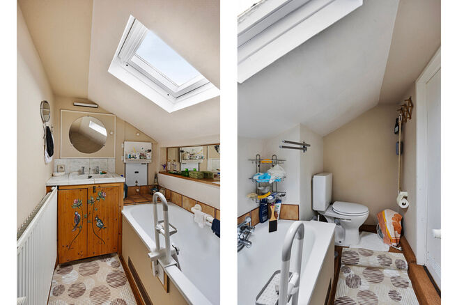 This picturesque family home is perfectly located and offers two bedrooms, with the potential to add a third. It features a full basement, a bright veranda, and a spacious south-facing terrace.

LAYOUT:
You enter the home through a hallway that leads to t