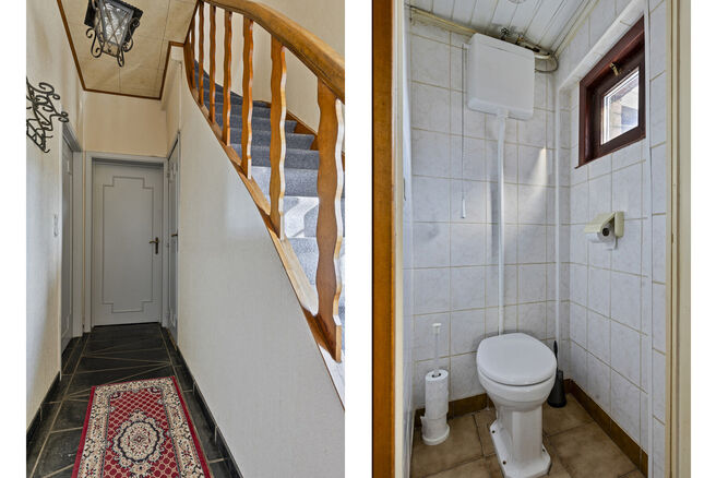 Deze goed gelegen eengezinswoning met ruime tuin en garage/werkplaats ligt op een perceel van 736 m² en bestaat uit twee delen.

Het hoofdgebouw is een volledige gezinswoning met 3 slaapkamers en 1 badkamer. Achteraan bevindt zich een aparte wooneenheid 