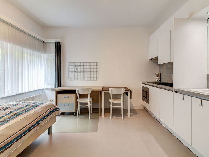This recently renovated, move-in ready student room offers a pleasant and practical living solution in a well-maintained student house.
The room comes with a private kitchenette equipped with an electric cooktop, built-in microwave, sink, and convenient s